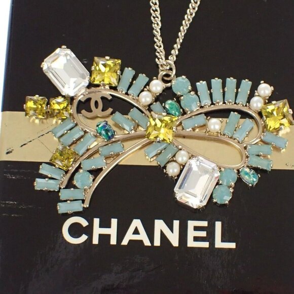 CHANEL CC Ribbon Chain Necklace 05P Color Stone Imitation Pearl Gold - Picture 12 of 13